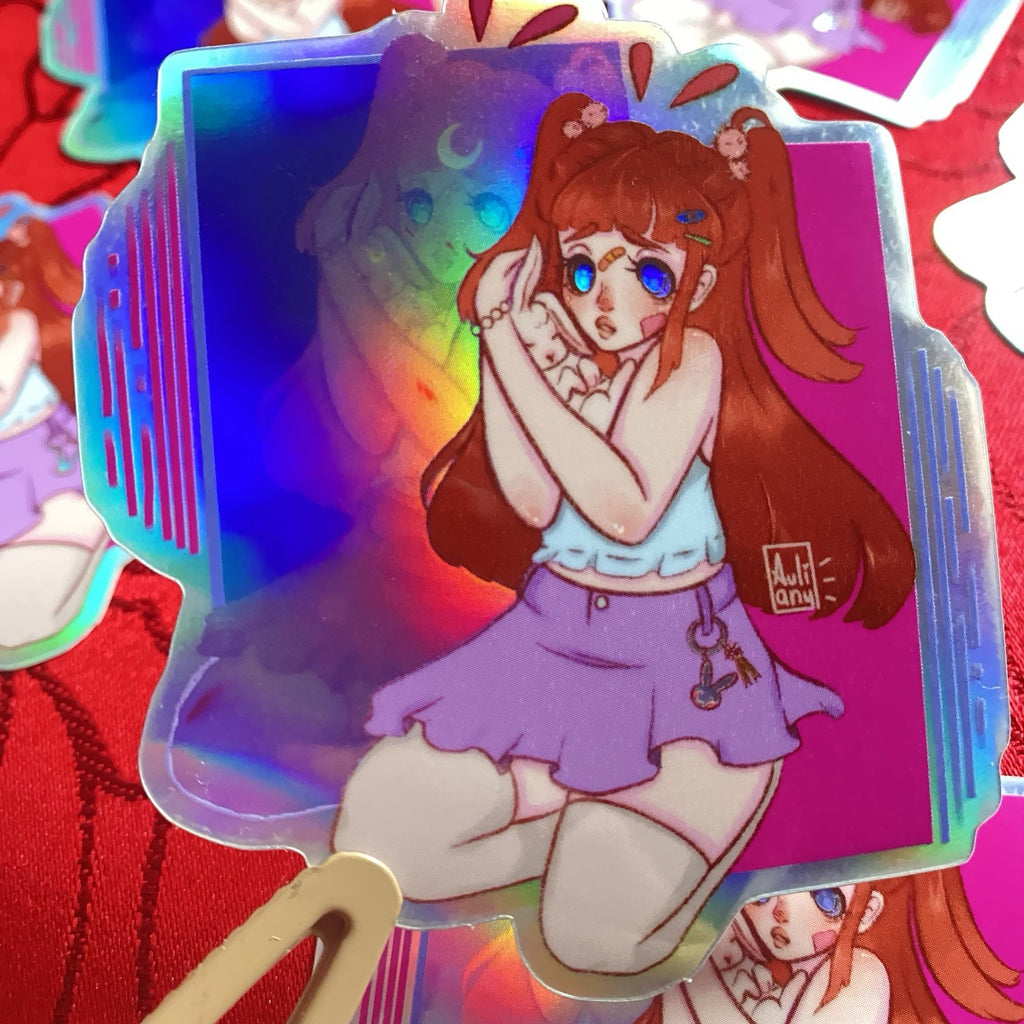 Vinyl Holographic Sticker, Girl And Bunny Original Art, Rabbit Paw Studio