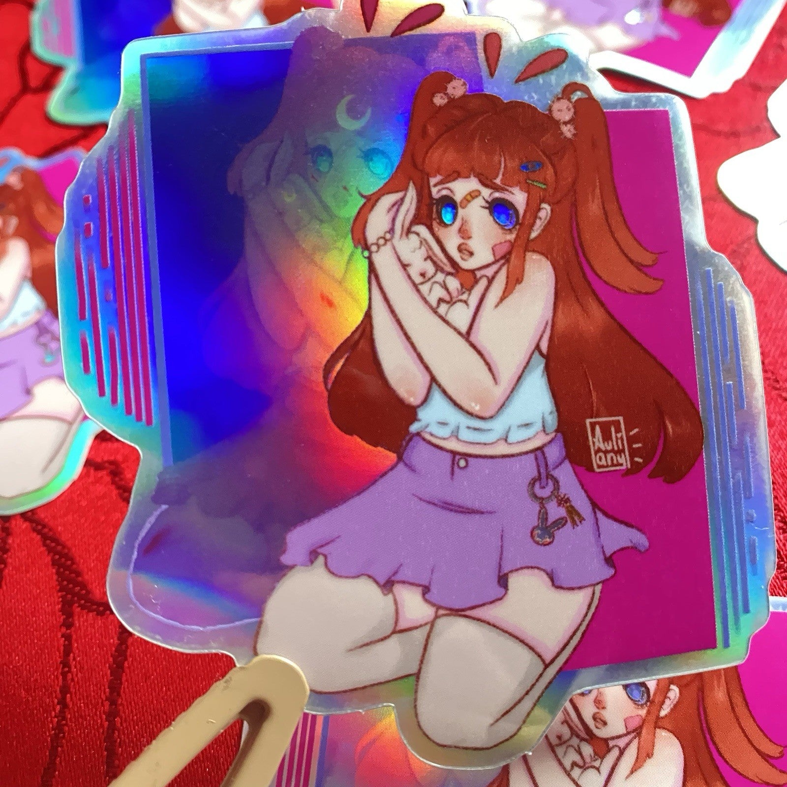 Vinyl Holographic Sticker, Girl And Bunny Original Art, Rabbit Paw Studio