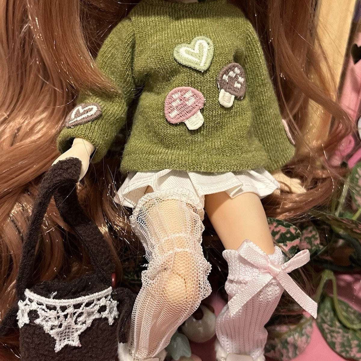 OOAK Blythe Doll Mushroom Outfit, Sweater/Bag/Skirt Set For 12 Inch Doll