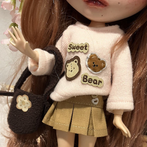 OOAK Blythe Doll Sweet Bear Outfit, Sweater/Bag/Skirt Set For 12 Inch Doll