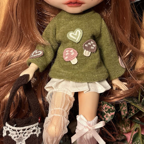 OOAK Blythe Doll Mushroom Outfit, Sweater/Bag/Skirt Set For 12 Inch Doll