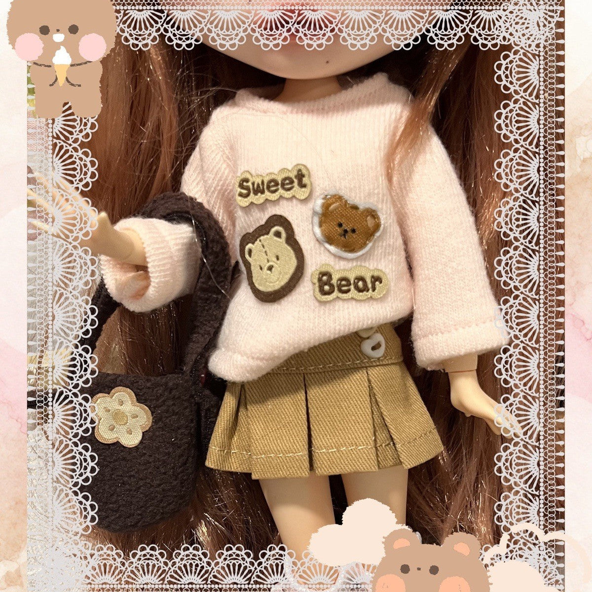 OOAK Blythe Doll Sweet Bear Outfit, Sweater/Bag/Skirt Set For 12 Inch Doll