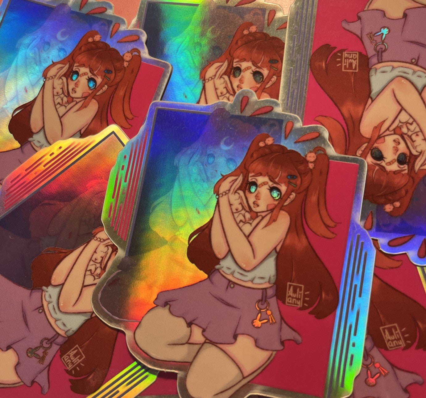 Vinyl Holographic Sticker, Girl And Bunny Original Art, Rabbit Paw Studio