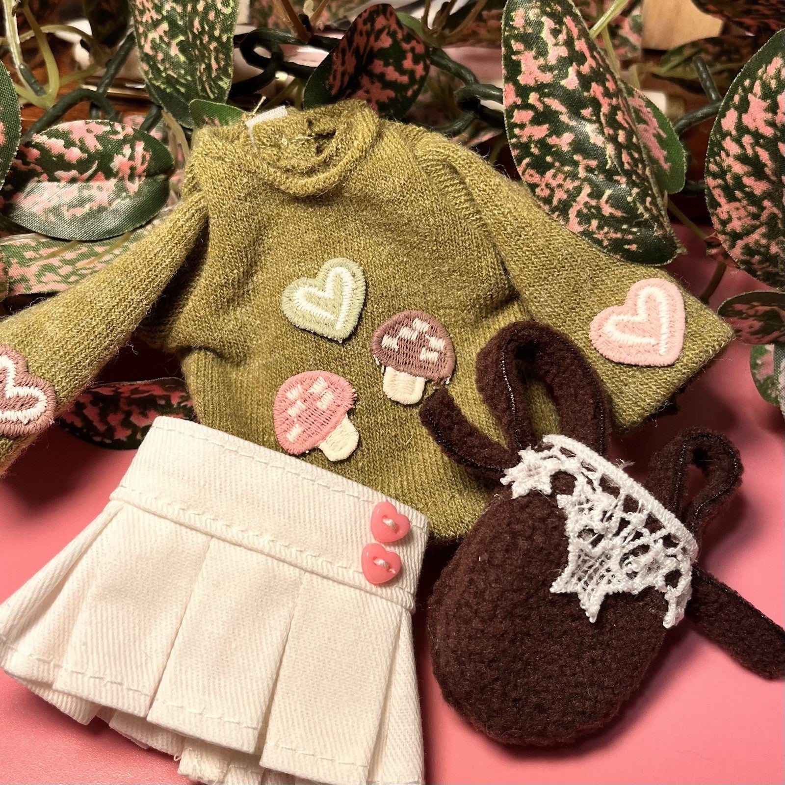 OOAK Blythe Doll Mushroom Outfit, Sweater/Bag/Skirt Set For 12 Inch Doll