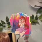 Vinyl Holographic Sticker, Girl And Bunny Original Art, Rabbit Paw Studio