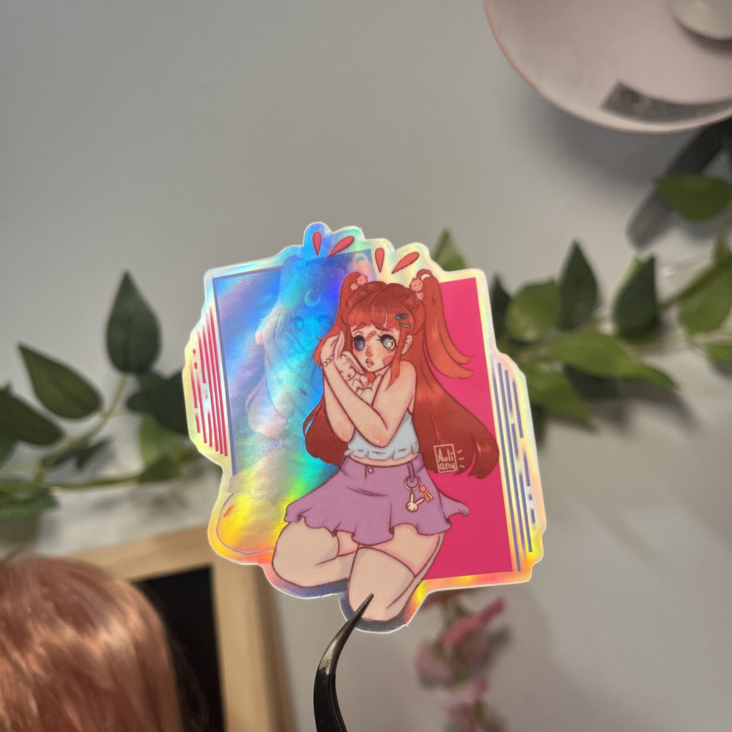 Vinyl Holographic Sticker, Girl And Bunny Original Art, Rabbit Paw Studio