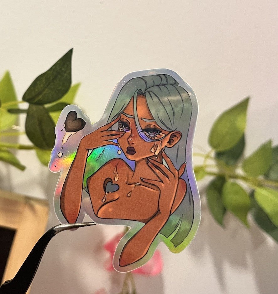 Vinyl Holographic Sticker, Heartless Girl Original Art, Rabbit Paw Studio