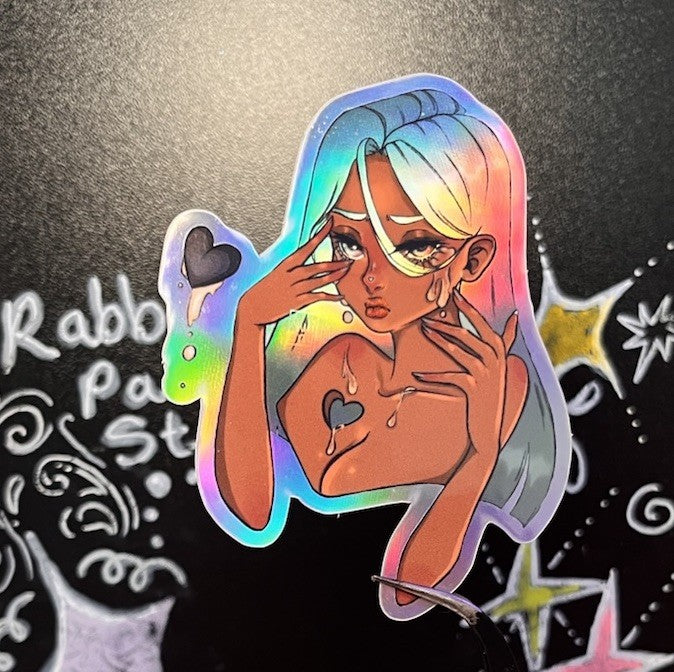 Vinyl Holographic Sticker, Heartless Girl Original Art, Rabbit Paw Studio