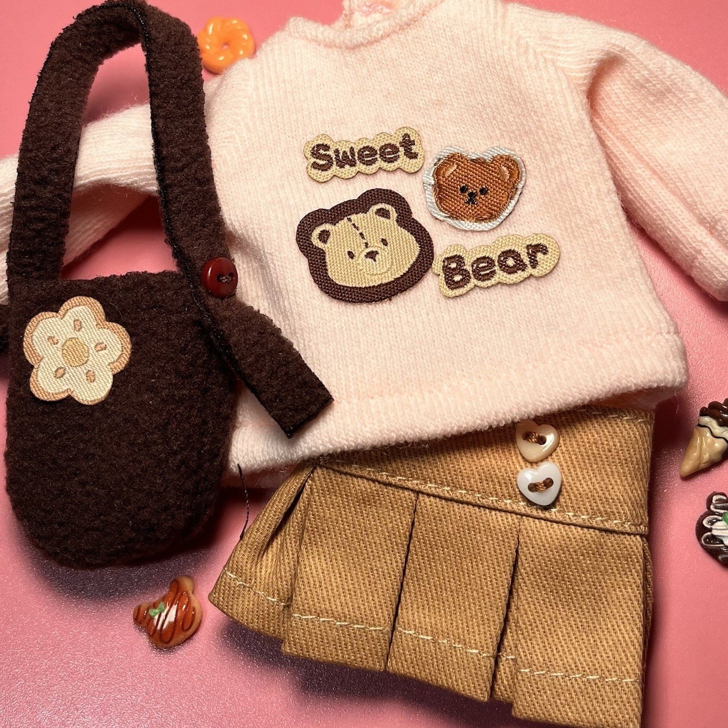 OOAK Blythe Doll Sweet Bear Outfit, Sweater/Bag/Skirt Set For 12 Inch Doll
